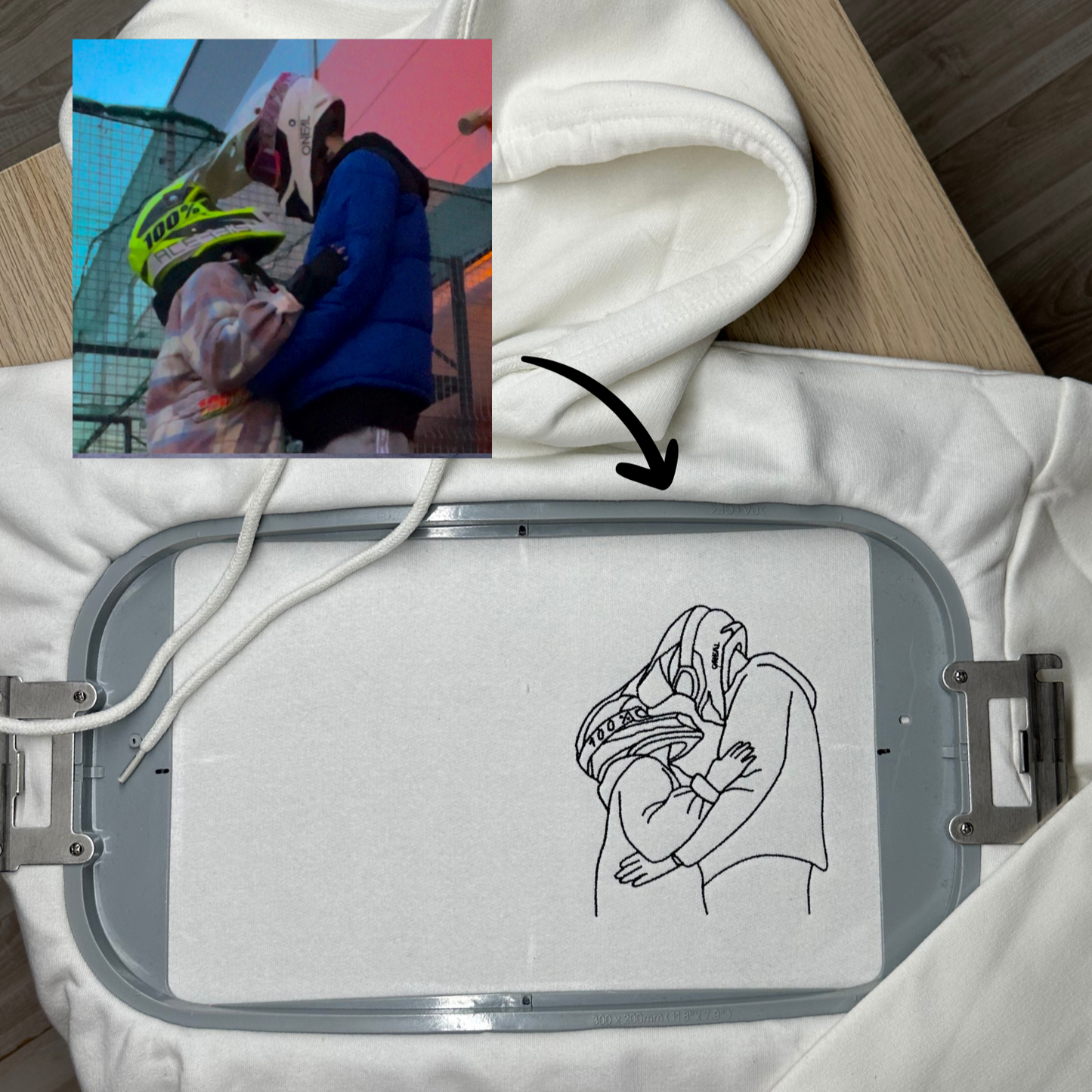 Individualus siuvinėjimas iš nuotraukos džemperio priekyje iki 15x15 cm